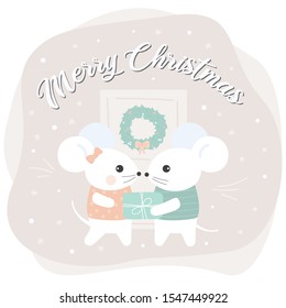 Christmas postcard with the symbol of 2020. Scene of the mice's life at the Christmas eve