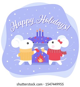 Christmas postcard with the symbol of 2020. Scene of the mice's life at the Christmas eve