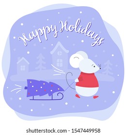 Christmas postcard with the symbol of 2020. Scene of the mice's life at the Christmas eve