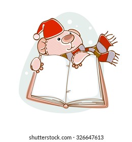 christmas postcard teddy bear with book. Vector frame