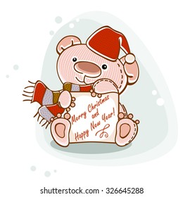 christmas postcard teddy bear with greeting card. Vector frame