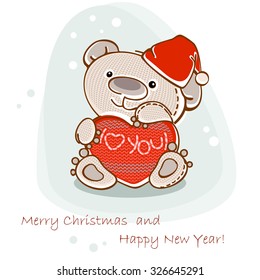 christmas postcard teddy bear with heart. Vector 