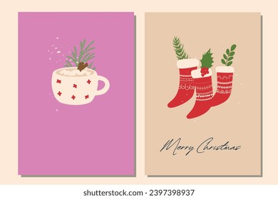 Christmas postcard template. Cocoa, pine branches, floral, red socks. Set of Christmas and Happy New Year Card templates. 