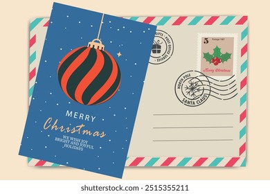  Christmas postcard template with festive ornament design in blue envelope featuring red interior and snowflakes. Merry Christmas card. Winter Holiday Vintage Greeting Card.