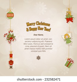 Christmas postcard template with label style fir tree decorations. Merry Christmas and Happy New Year greetings text and place for yours.