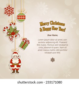 Christmas postcard template with label style fir tree decorations. Merry Christmas and Happy New Year greetings text and place for yours.