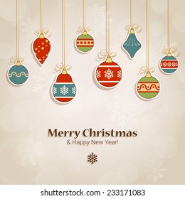 Christmas postcard template with label style fir tree decorations. Merry Christmas and Happy New Year greetings text and place for yours.