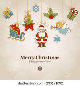 Christmas postcard template with label style fir tree decorations. Merry Christmas and Happy New Year greetings text and place for yours.