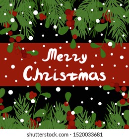 Christmas postcard template. Merry christmas lettering. Tree, berry, snow