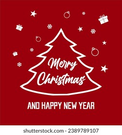Weihnachtspostkarte mit Weihnachtsbaum und Elementen aus Lichtern, Schnee, Sternen, Geschenken und Text