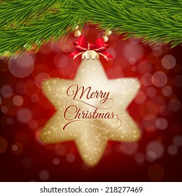 Christmas postcard with a twinkling gold star on red bokeh. EPS 10 vector file included