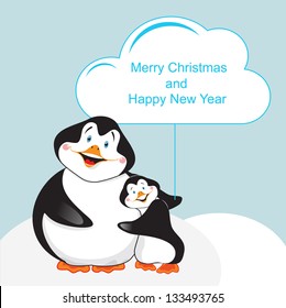 Christmas postcard with two penguins