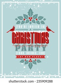 Christmas postcard with Typographic composition decorated with Jolly leaves.
