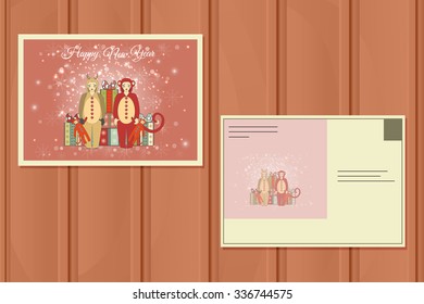Christmas Postcard. Vector illustration of a Cute Little girls in suits of a deer and monkey.