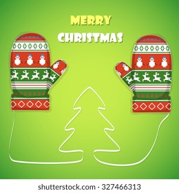 Christmas postcard vector illustration. Merry Christmas greetings  with 2 mittens and lace like a Christmas tree between them.