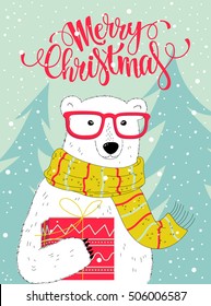 Christmas postcard. Vector illustration of a nice polar bear character. Merry Christmas custom lettering.