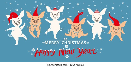 Christmas postcard. Very cute pigs in holiday hats dance and rejoice in falling snow. Cute illustration with cartoon pigs. Merry Christmas and Happy New Year! Year of the Pig 2019.
