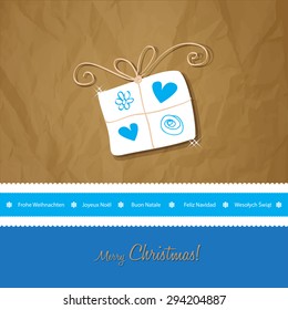 Christmas postcard vintage eps vector gift white on a crumpled paper brown background.