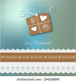 Christmas postcard vintage eps vector gift on a blue bokeh background.