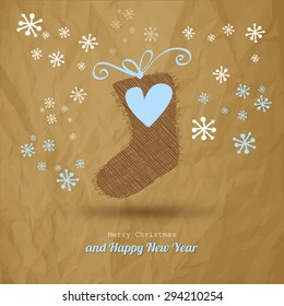 Christmas postcard vintage eps vector sock with heart for Santa gifts. Holidays symbol.