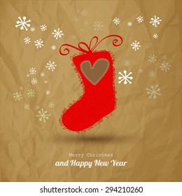 Christmas postcard vintage eps vector sock with heart for Santa gifts. Holidays symbol.