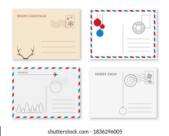 Christmas postcard. Vintage holiday postal card with stamp and winter elements new year greeting message, invitation letter and posting frame, kraft and white paper back side vector isolated set