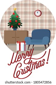 Weihnachtspostkarte mit Vintage-Interieur und Weihnachtsbaum