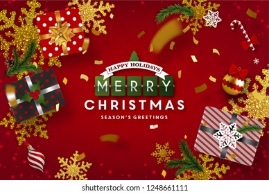 Christmas Postcard with vintage label and Christmas wishes decorated with Festive Elements