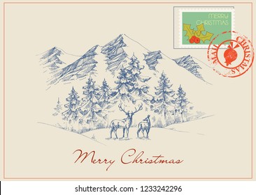 Christmas Postcard In Vintage Style. Winter Scene, Mountains And Forest Background