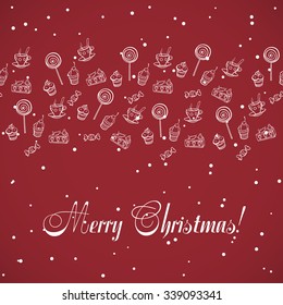 Christmas postcard with white hand drawn elements on the red background.