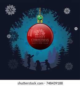 Christmas postcard with Winter Forest and Christmas Balls