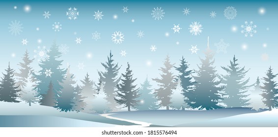 Christmas postcard with winter forest. Festive banner. Vector illustration.