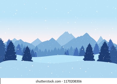 Christmas postcard with winter landscape with pine trees,  mountains and snowflakes. Xmas background. Vector illustration