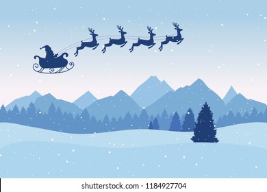 Christmas postcard with winter landscape with pine trees,  mountains and snowflakes. Santa flying in the sky with deers. Xmas background. Vector illustration