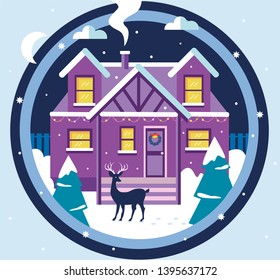 Christmas postcard Winter Vector Landscape with deer