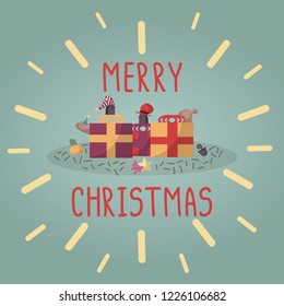 Christmas postcard with wrapped presents, animals and birds and Christmas decorations around them with red hand drawn lettering. Green background. Flat cartoon style vector illustration.