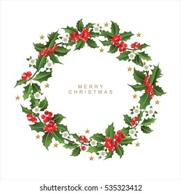 Christmas Postcard with  Wreath Made of Holly Berry, White Flowers and Golden Stars. Party Invitation or Greeting Card.