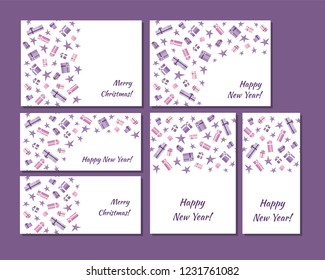 Christmas postcards and banners with pink and violet gifts and stars, colored on white background