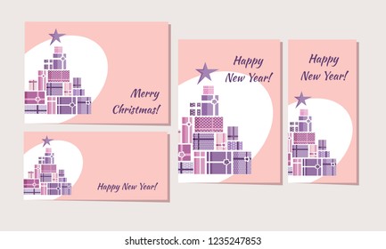 Christmas postcards and banners with pink and violet gifts and stars, Christmas tree silhouette, Colored on white and pink background