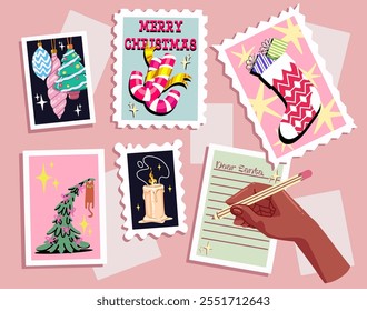 Christmas postcards in cartoon style. Holiday presents, Christmas stocking, candy canes, Christmas tree, baubles, candle, a letter to Santa. Cute seasonal vector posters, invitations in retro style.