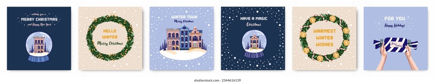 Colección de postales de Navidad. Bonitas tarjetas de felicitación con ciudad de invierno, presente, globo de nieve y corona. Navidad y decoración de Año Nuevo. Estilo moderno y plano. Vector.