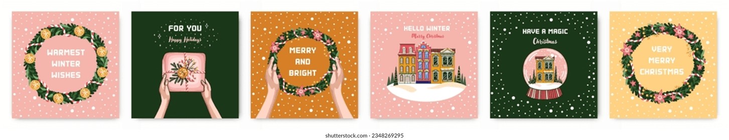 Christmas postcards collection. Cute greeting cards with winter town, present, snow globe, and wreath. Xmas and New Year decor. Modern flat style. Vector.