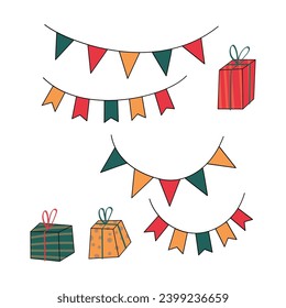 Christmas postcards with cute doodle elements. Cute fanny Christmas cats. Simple Xmas cliparts for the your designs. Holiday decorations elements.