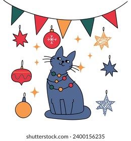 Christmas postcards with cute doodle elements. Cute fanny Christmas cats. Simple Xmas cliparts for the your designs. Holiday decorations elements.