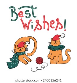 Christmas postcards with cute doodle elements. Cute fanny Christmas cats. Simple Xmas cliparts for the your designs. Holiday decorations elements.