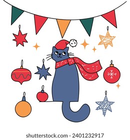 Christmas postcards with cute doodle elements. Cute fanny Christmas cats. Simple Xmas cliparts for the your designs. Holiday decorations elements.