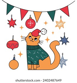 Christmas postcards with cute doodle elements. Cute fanny Christmas cats. Simple Xmas cliparts for the your designs. Holiday decorations elements.
