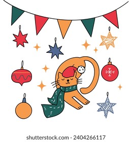 Christmas postcards with cute doodle elements. Cute fanny Christmas cats. Simple Xmas cliparts for the your designs. Holiday decorations elements.