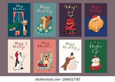 Christmas postcards with dogs vector set