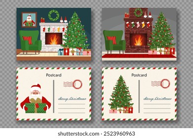 Christmas Postcards, Mail Letters with Cozy Xmas Interior pictures. Vector Illustration in cartoon flat style